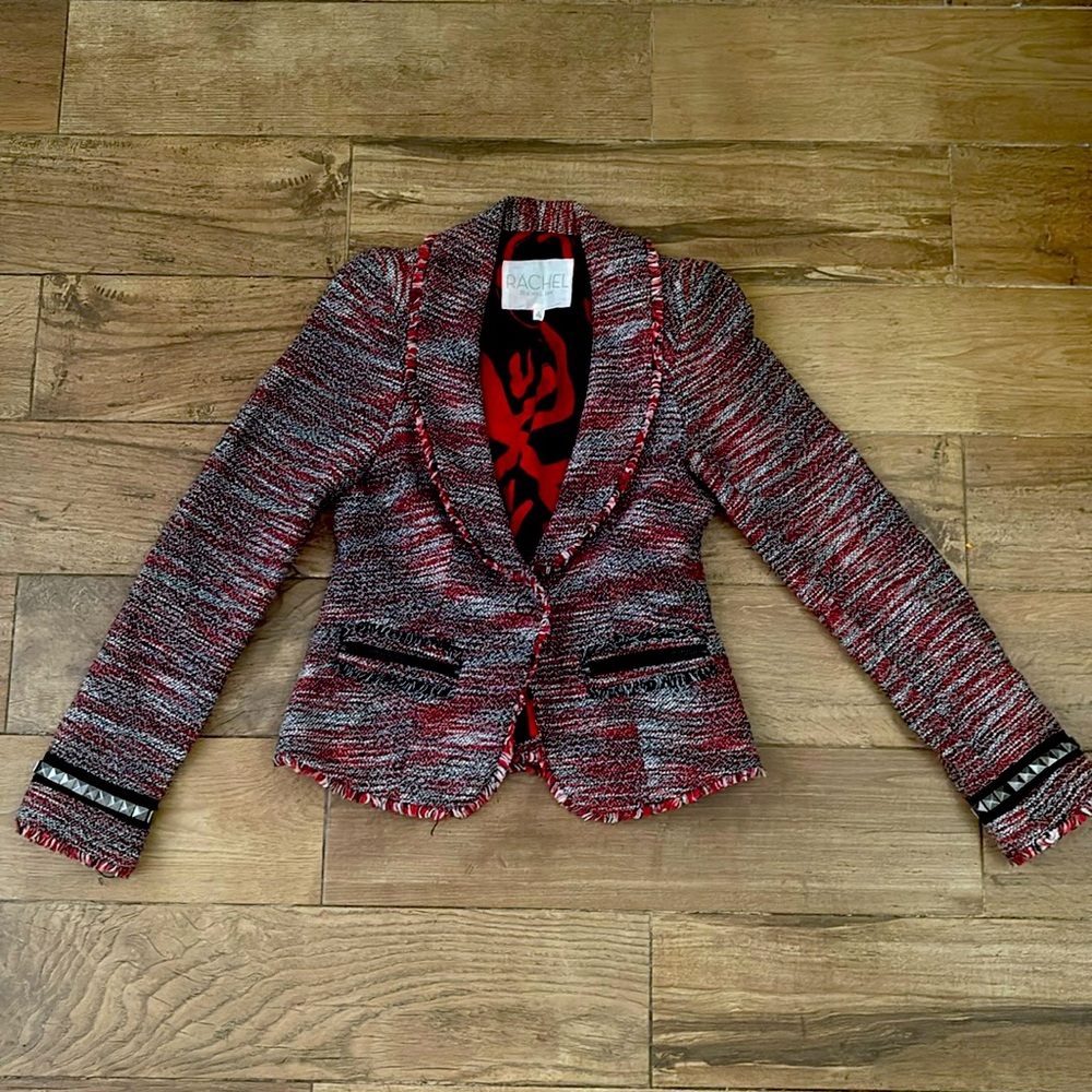 Rachel Roy Tweed Blazer Jacket Lined Single Snap Fringed Size 0 Red/Black/White